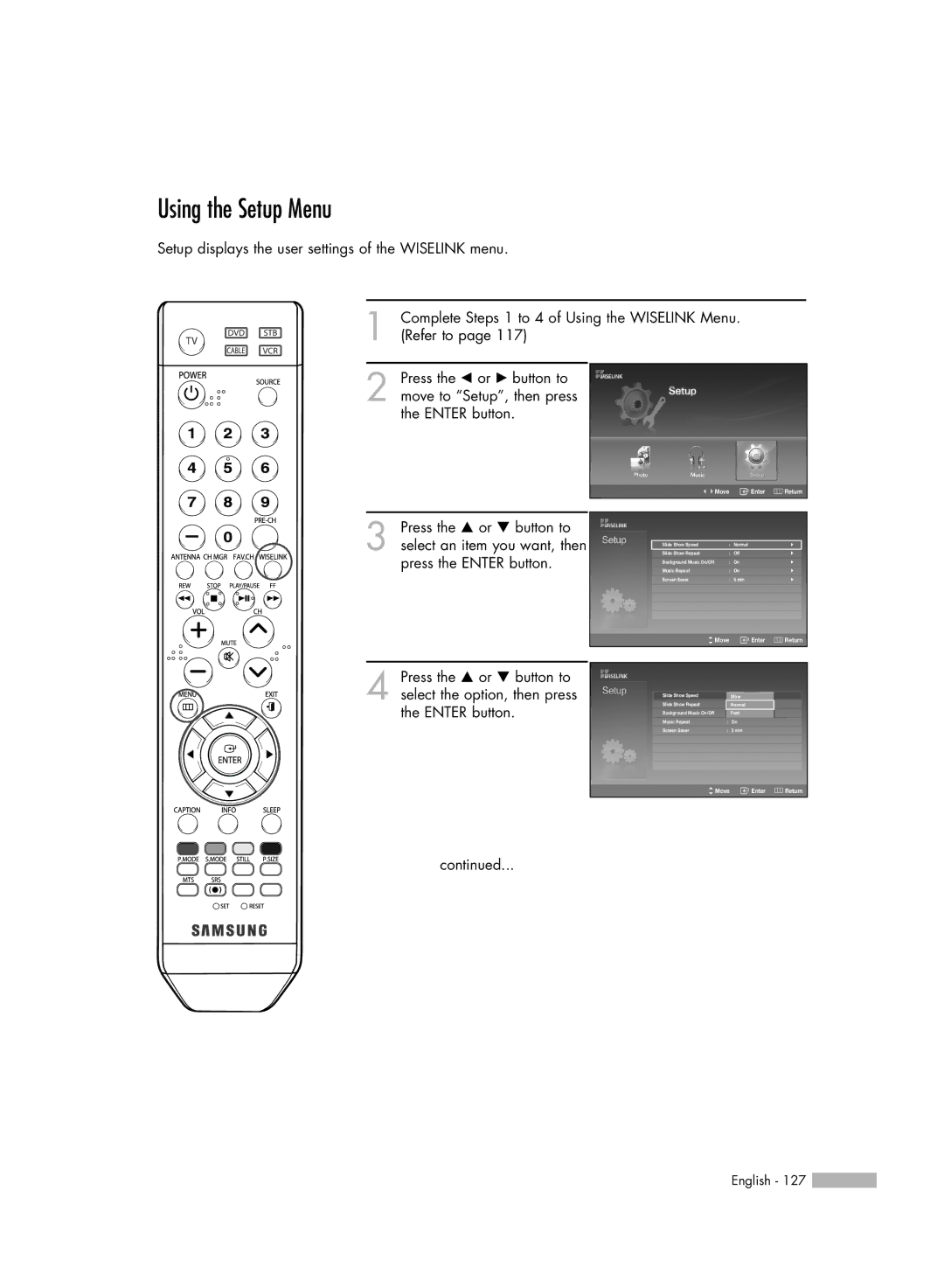 Samsung HL-54676S manual Using the Setup Menu 