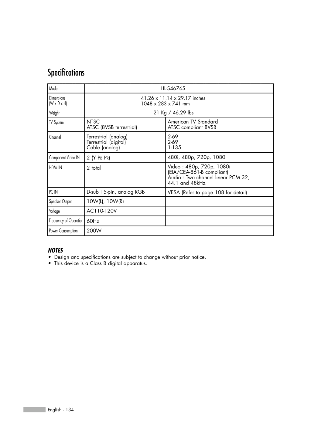 Samsung HL-54676S manual Specifications, Ntsc 