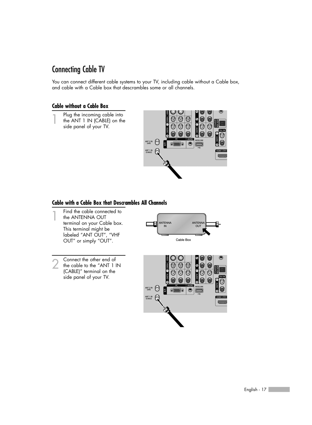 Samsung HL-54676S Connecting Cable TV, Cable without a Cable Box, Cable with a Cable Box that Descrambles All Channels 