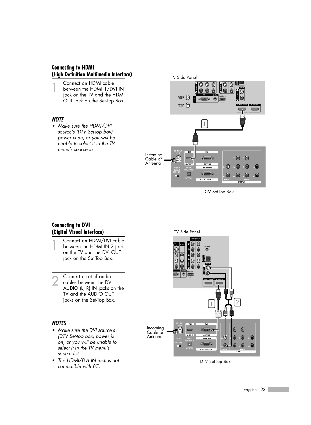 Samsung HL-54676S Connecting to Hdmi High Definition Multimedia Interface, Connecting to DVI Digital Visual Interface 