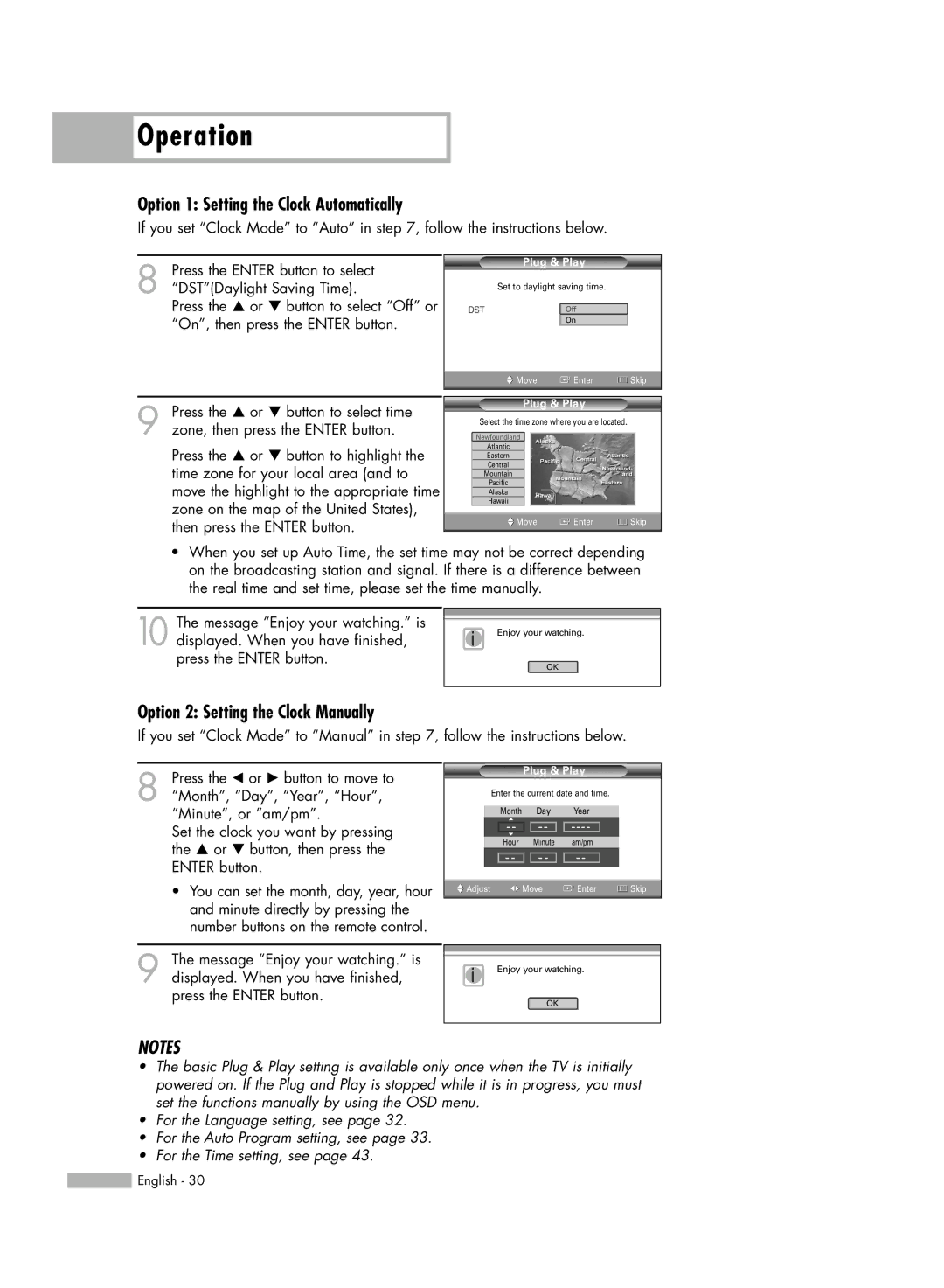 Samsung HL-54676S manual Option 1 Setting the Clock Automatically, Option 2 Setting the Clock Manually 