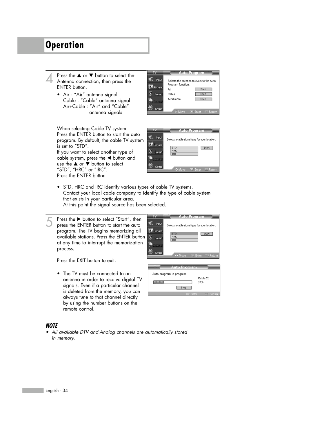 Samsung HL-54676S manual Selects the antenna to execute the Auto Program function 