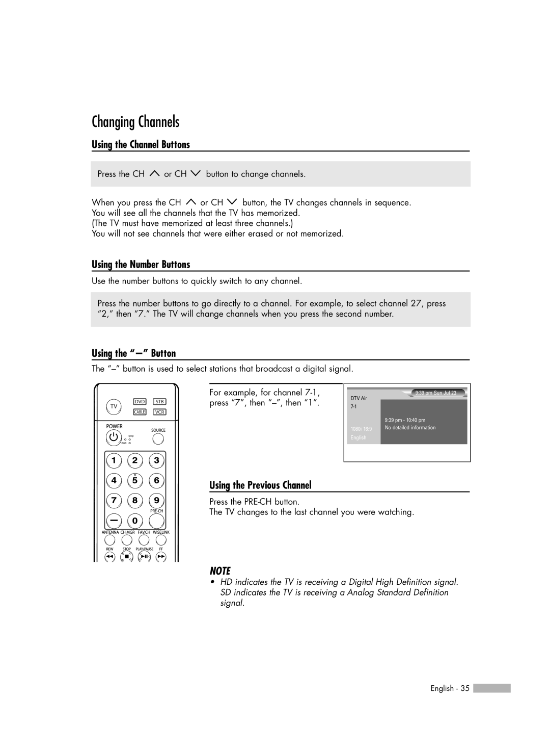 Samsung HL-54676S manual Changing Channels, Using the Channel Buttons, Using the Number Buttons, Using the Button 