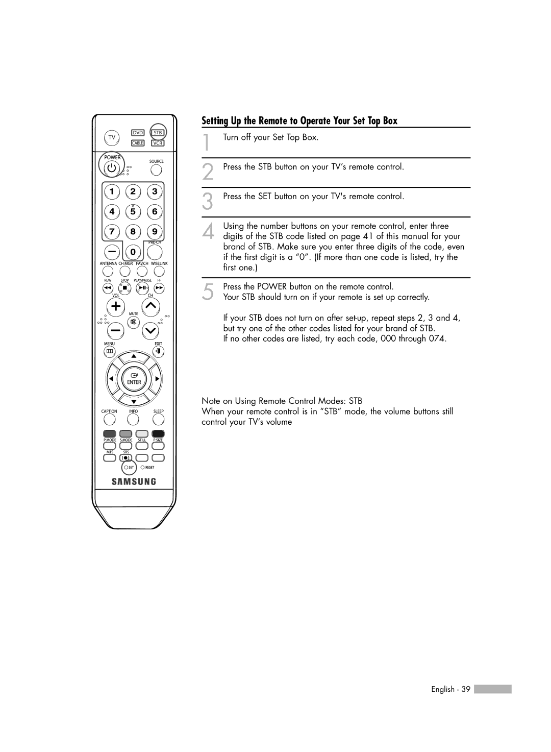 Samsung HL-54676S manual Setting Up the Remote to Operate Your Set Top Box 