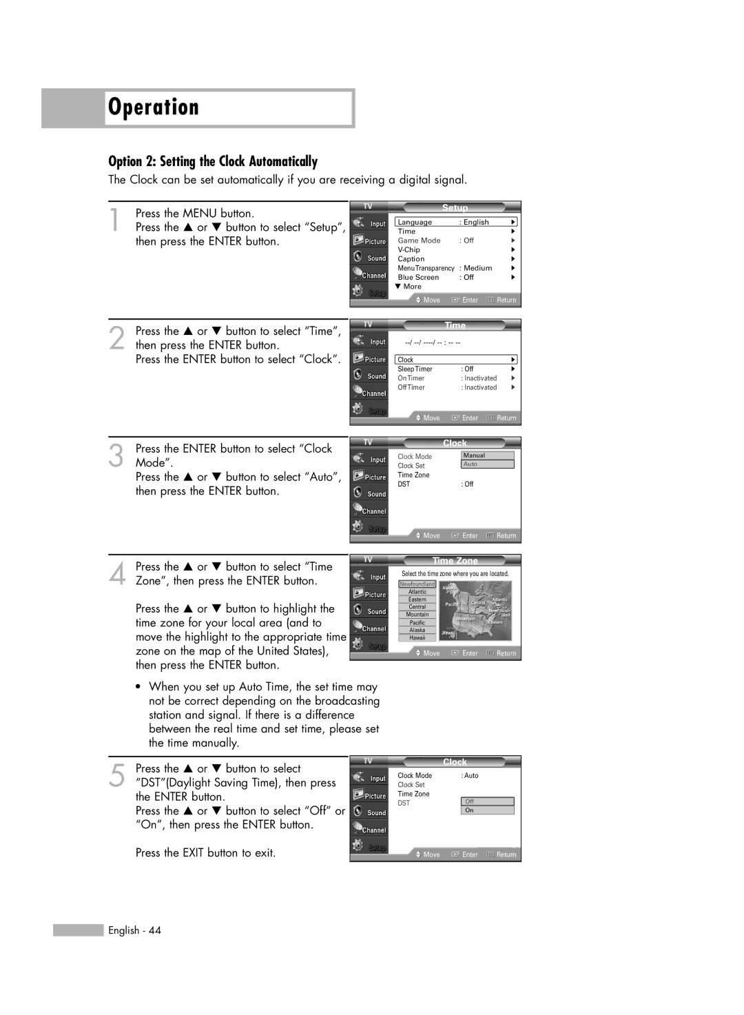 Samsung HL-54676S manual Option 2 Setting the Clock Automatically 