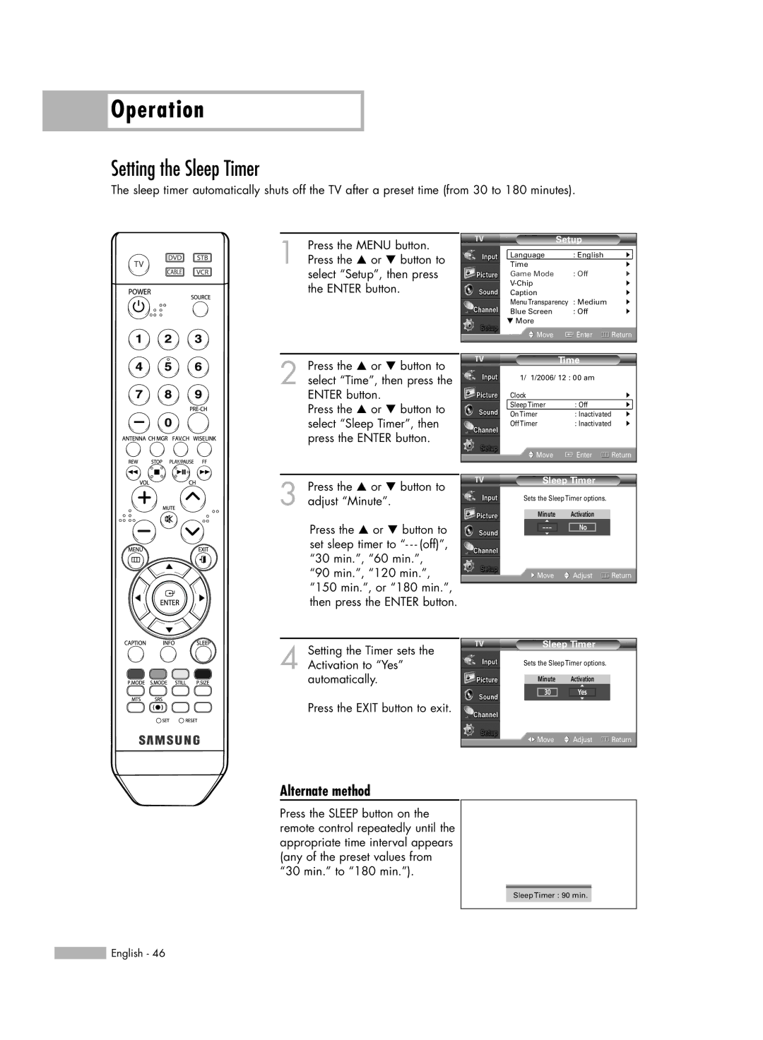 Samsung HL-54676S manual Setting the Sleep Timer, Alternate method 