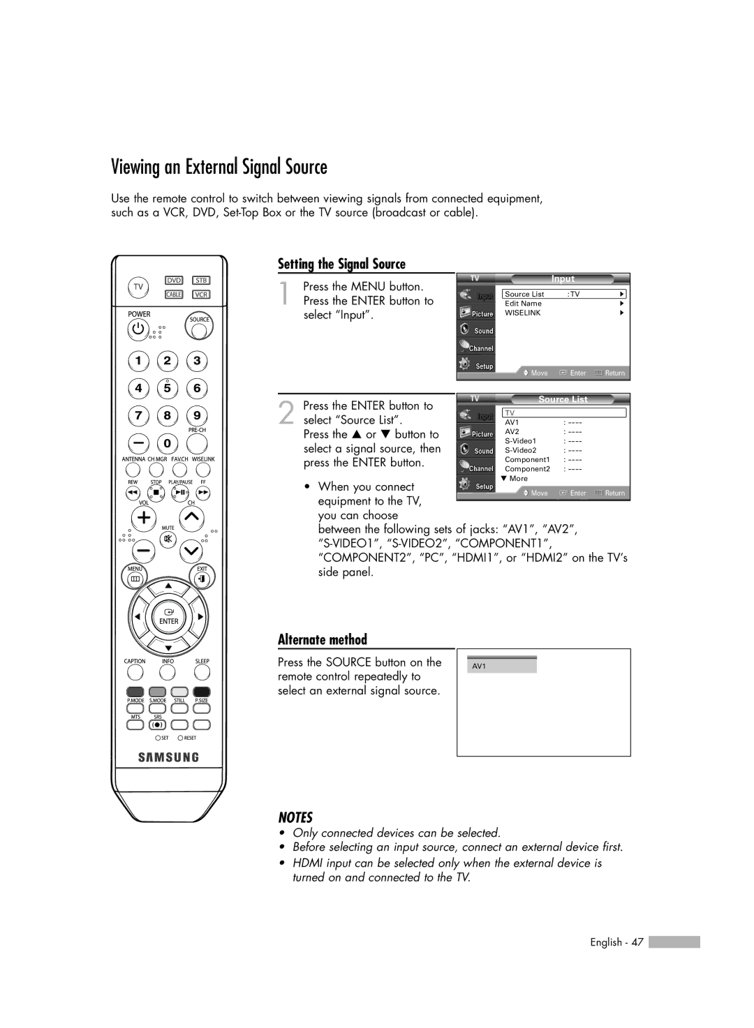 Samsung HL-54676S manual Viewing an External Signal Source, Setting the Signal Source 