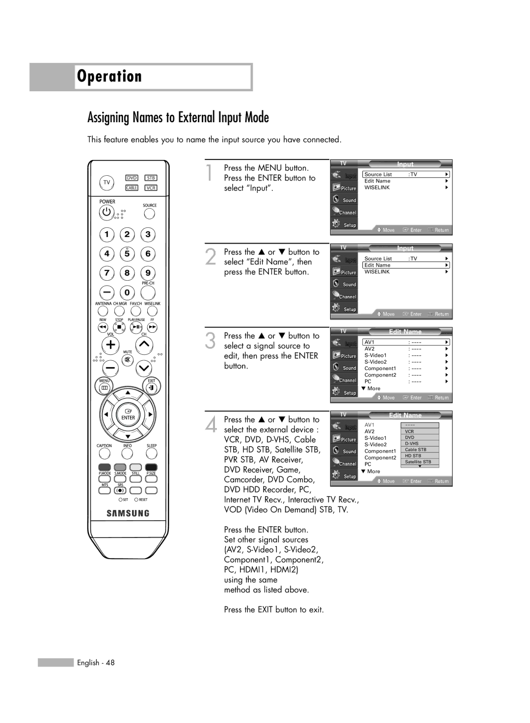 Samsung HL-54676S manual Assigning Names to External Input Mode 