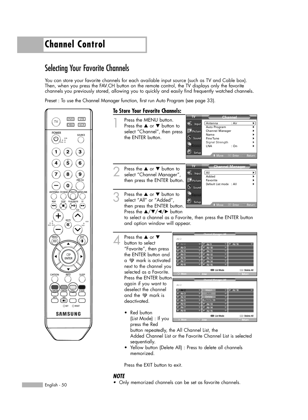 Samsung HL-54676S manual Channel Control, Selecting Your Favorite Channels 