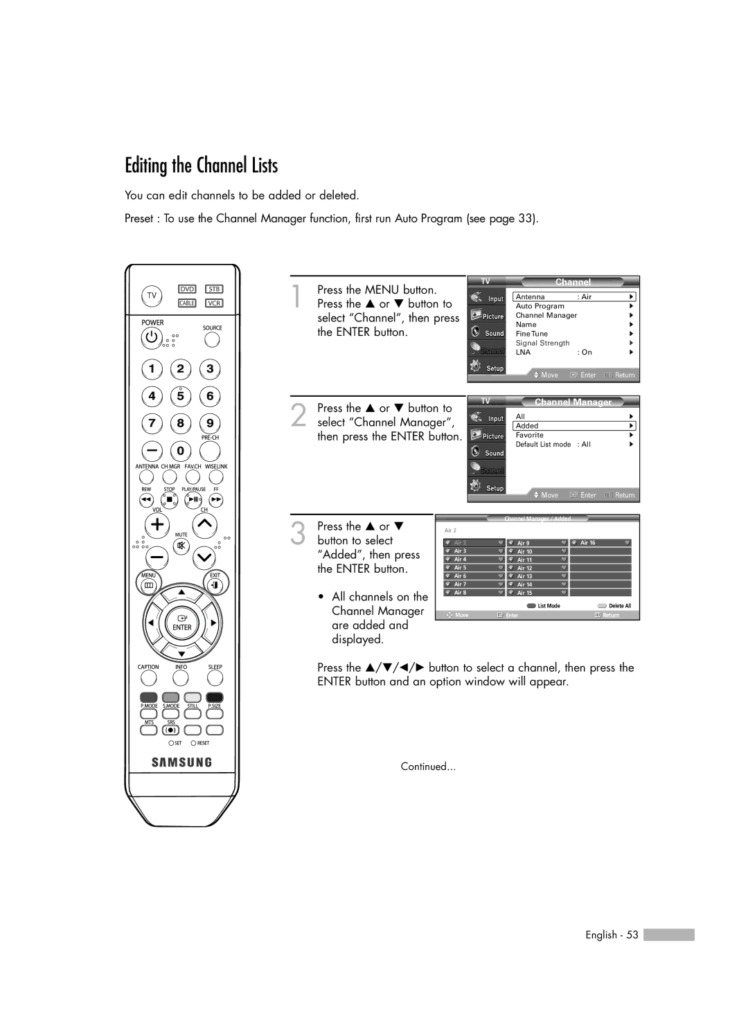 Samsung HL-54676S manual Editing the Channel Lists 