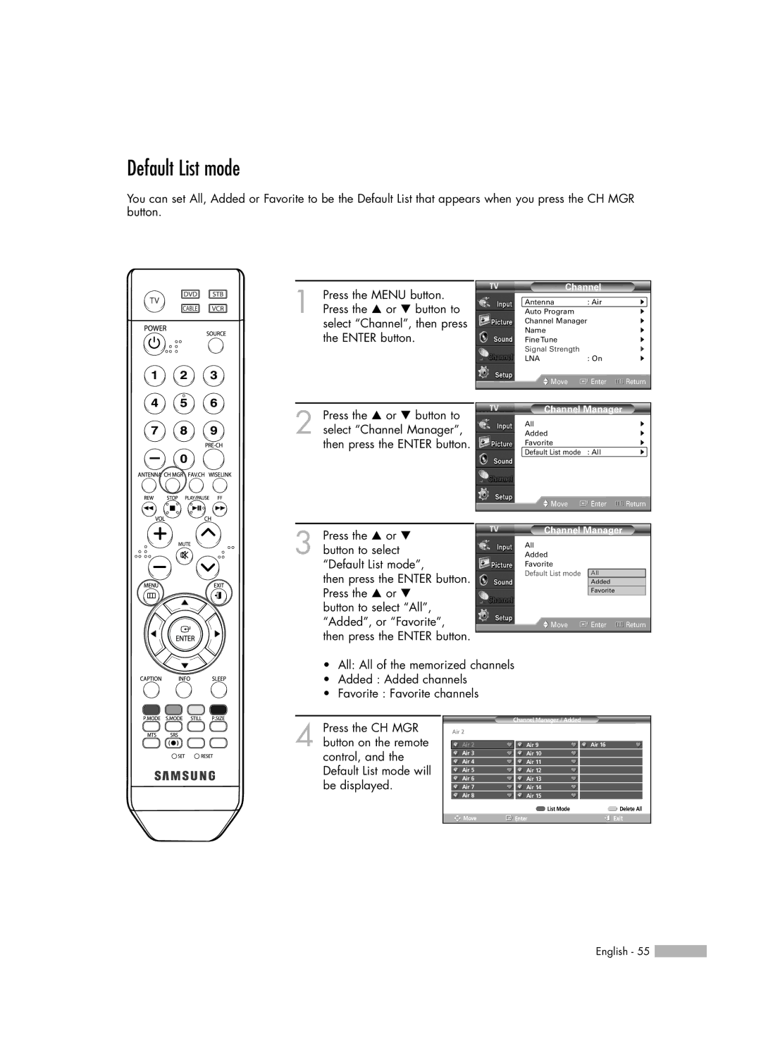 Samsung HL-54676S manual Default List mode 