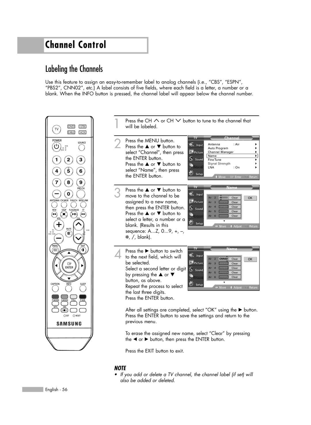 Samsung HL-54676S manual Labeling the Channels 