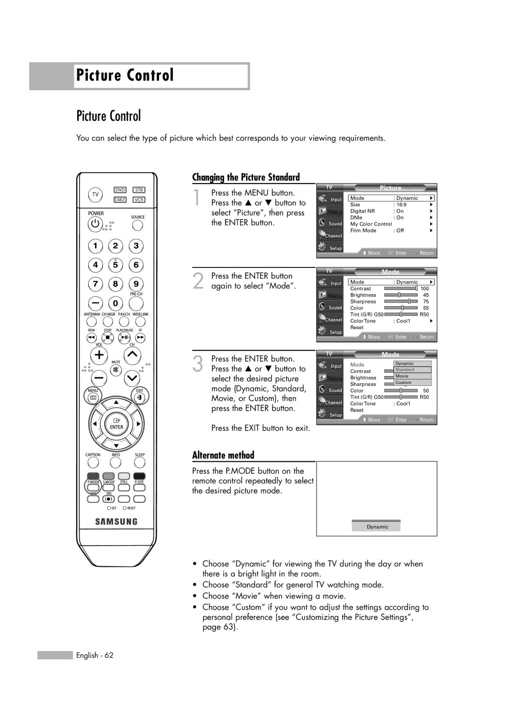 Samsung HL-54676S manual Picture Control, Changing the Picture Standard 