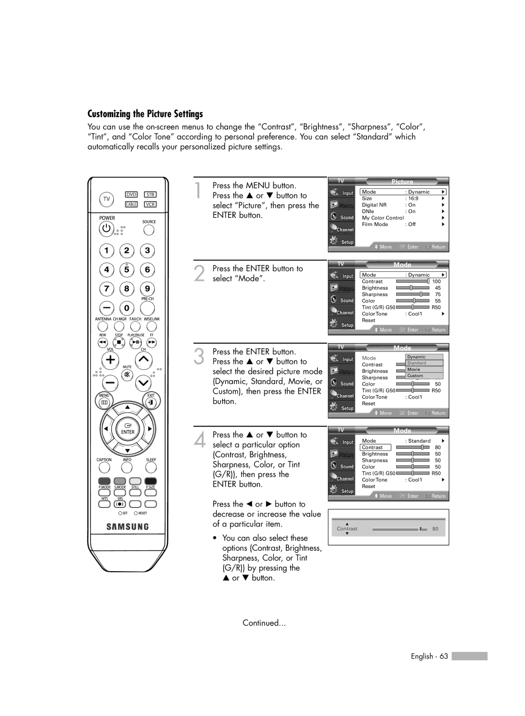 Samsung HL-54676S manual Customizing the Picture Settings, … or † button 