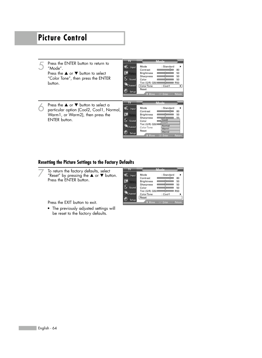 Samsung HL-54676S manual Resetting the Picture Settings to the Factory Defaults 