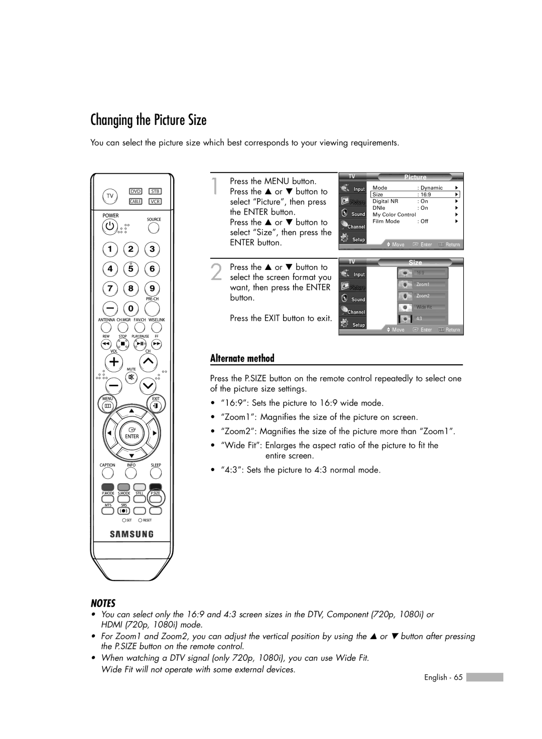 Samsung HL-54676S manual Changing the Picture Size, Alternate method 