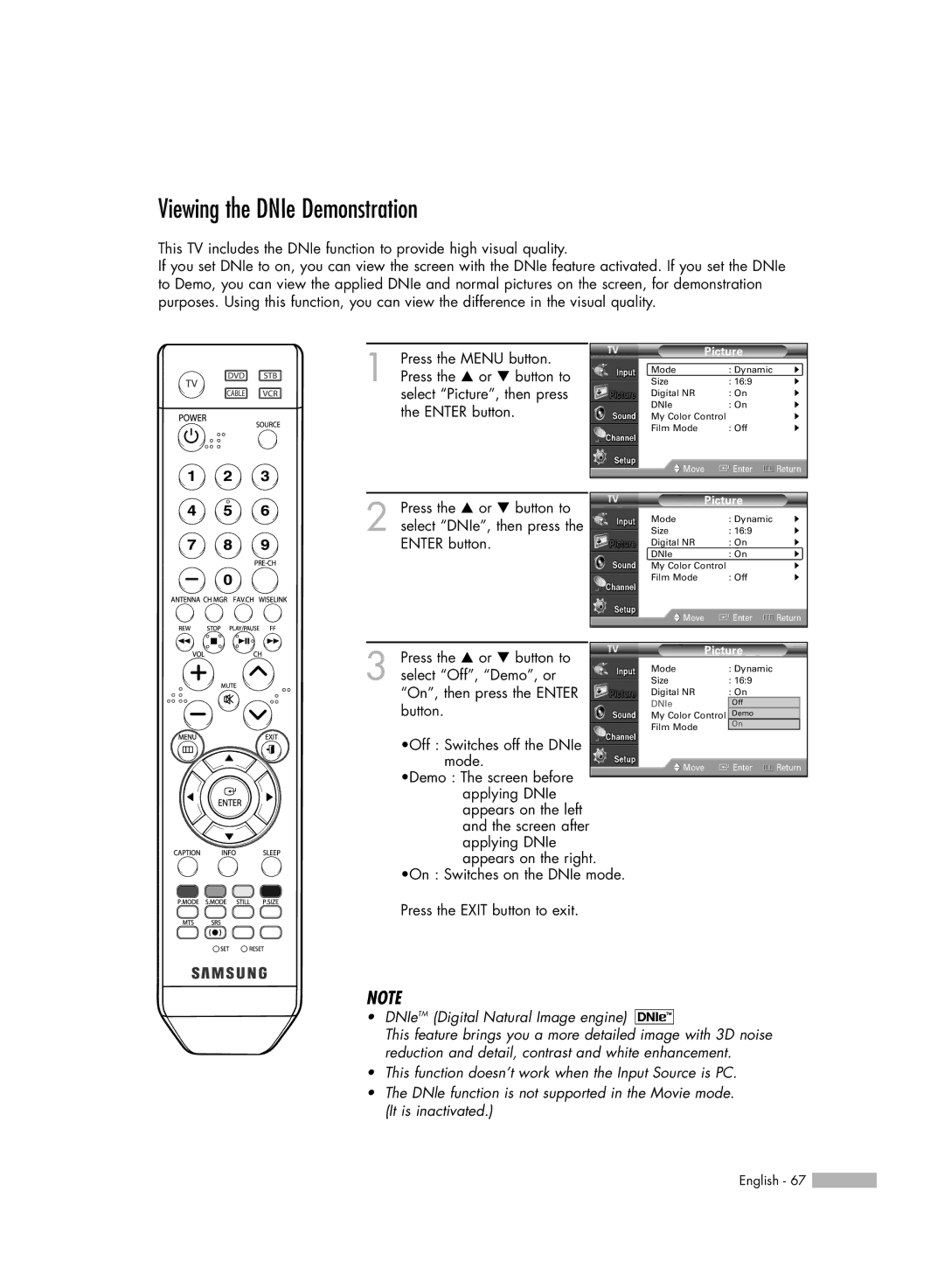 Samsung HL-54676S manual Viewing the DNIe Demonstration, DNIeTM Digital Natural Image engine 