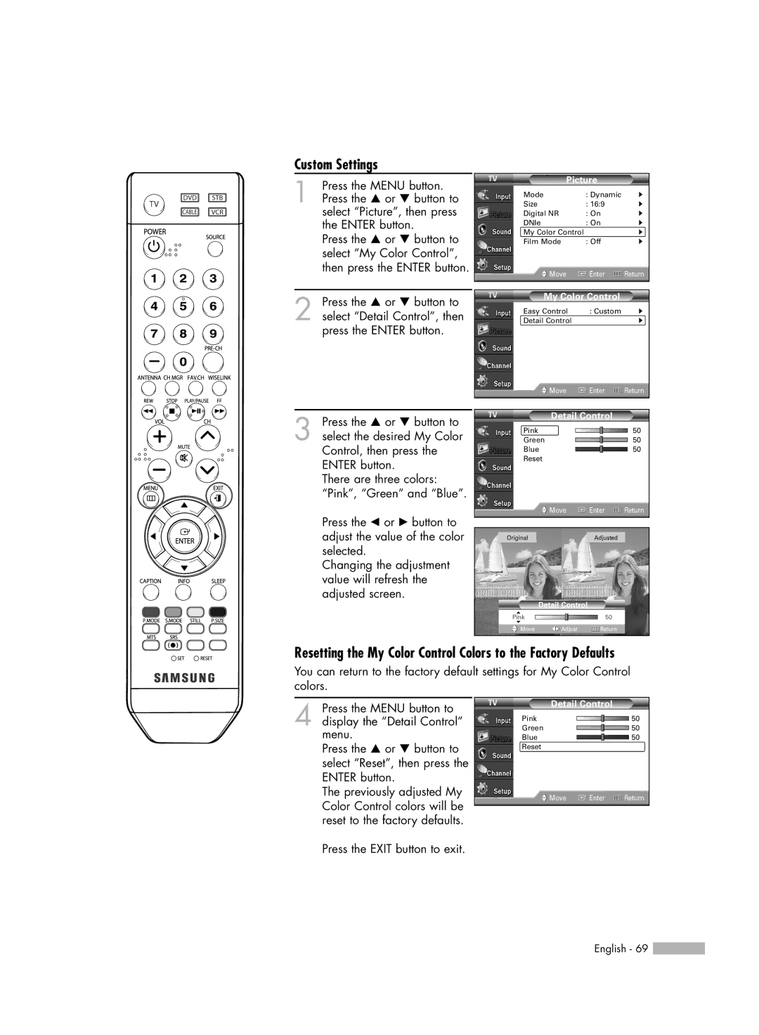 Samsung HL-54676S manual Custom Settings, Select My Color Control 