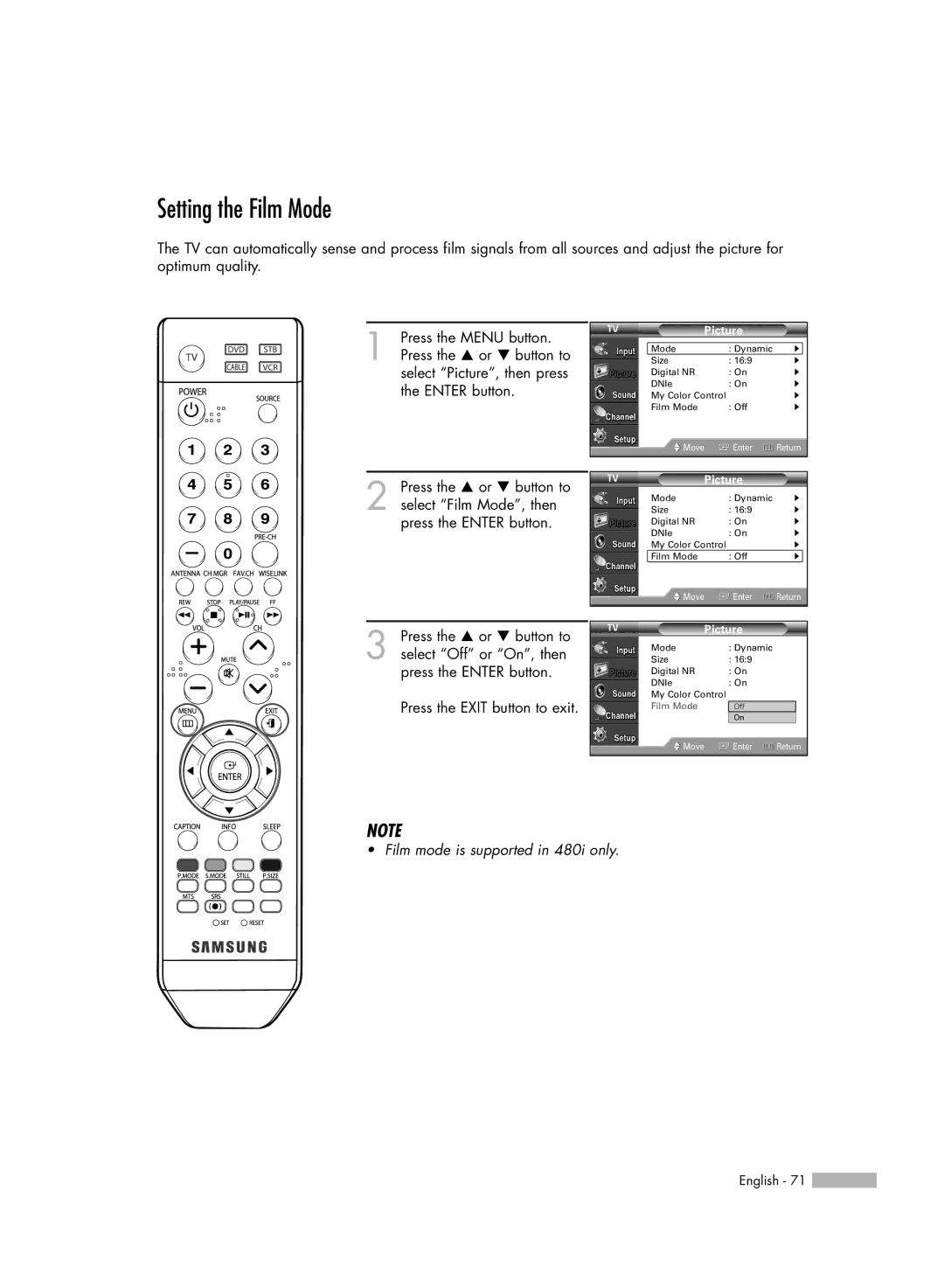 Samsung HL-54676S manual Setting the Film Mode 