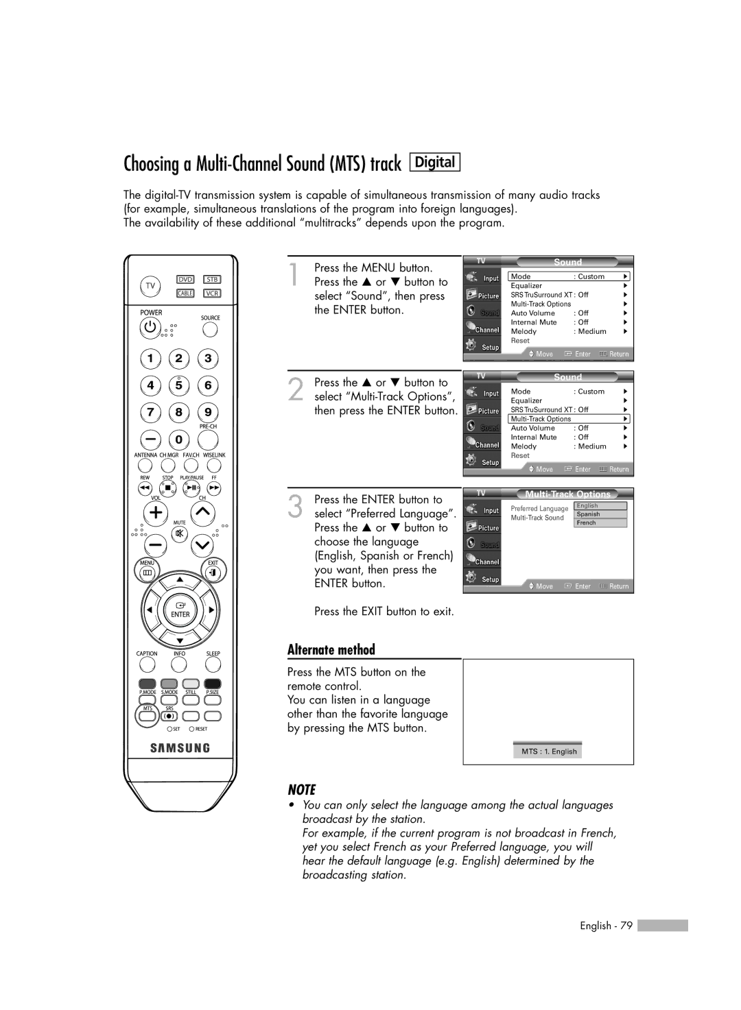 Samsung HL-54676S manual Choosing a Multi-Channel Sound MTS track 