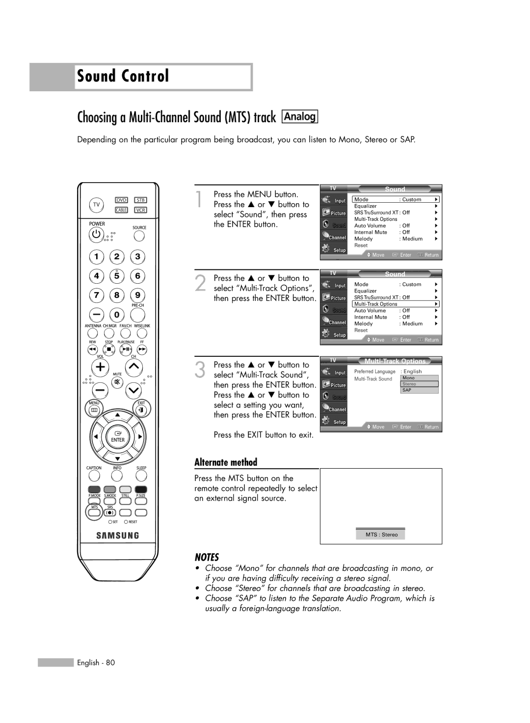 Samsung HL-54676S manual Multi-Track Sound 