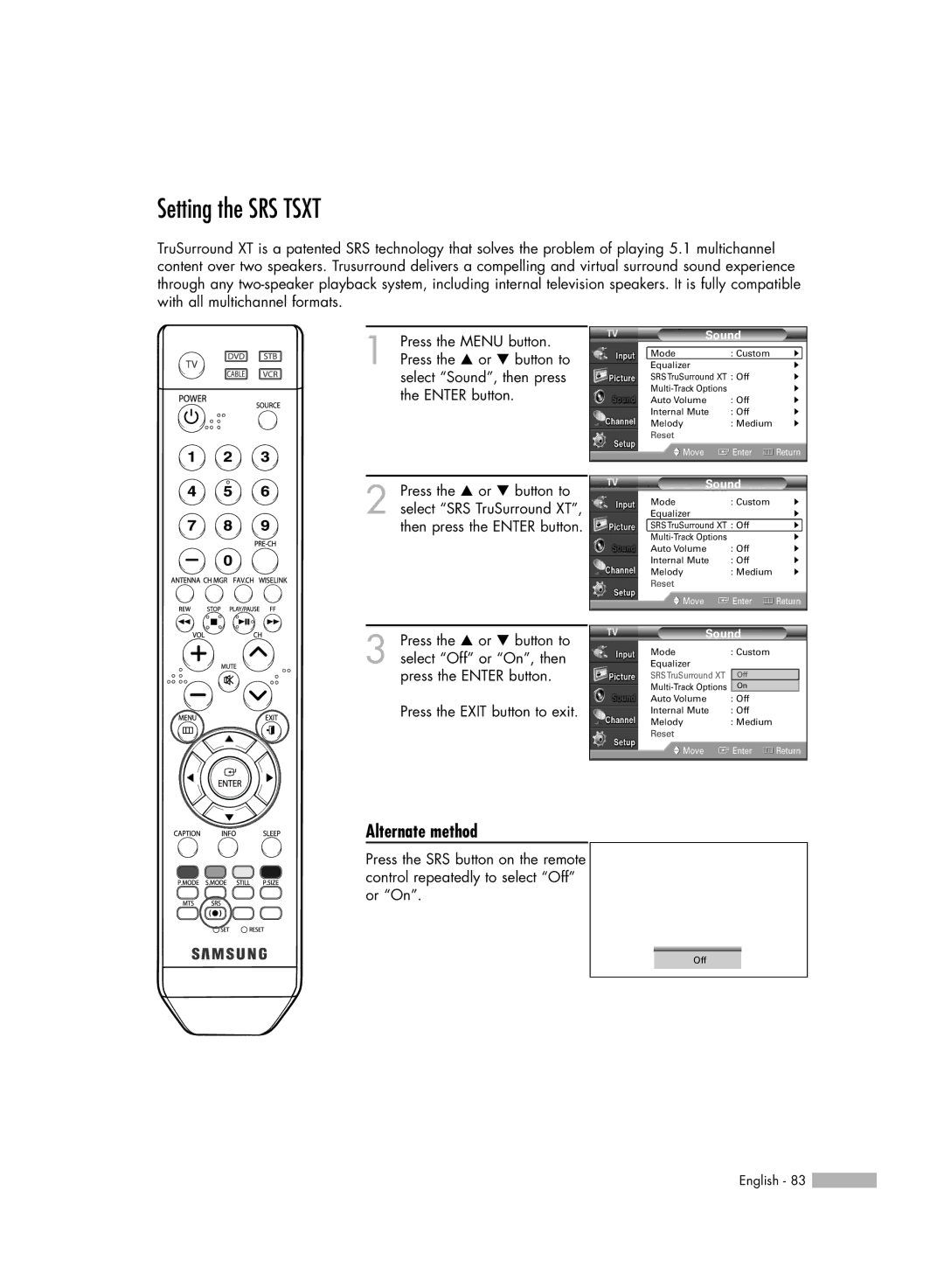 Samsung HL-54676S manual Setting the SRS Tsxt, Alternate method 