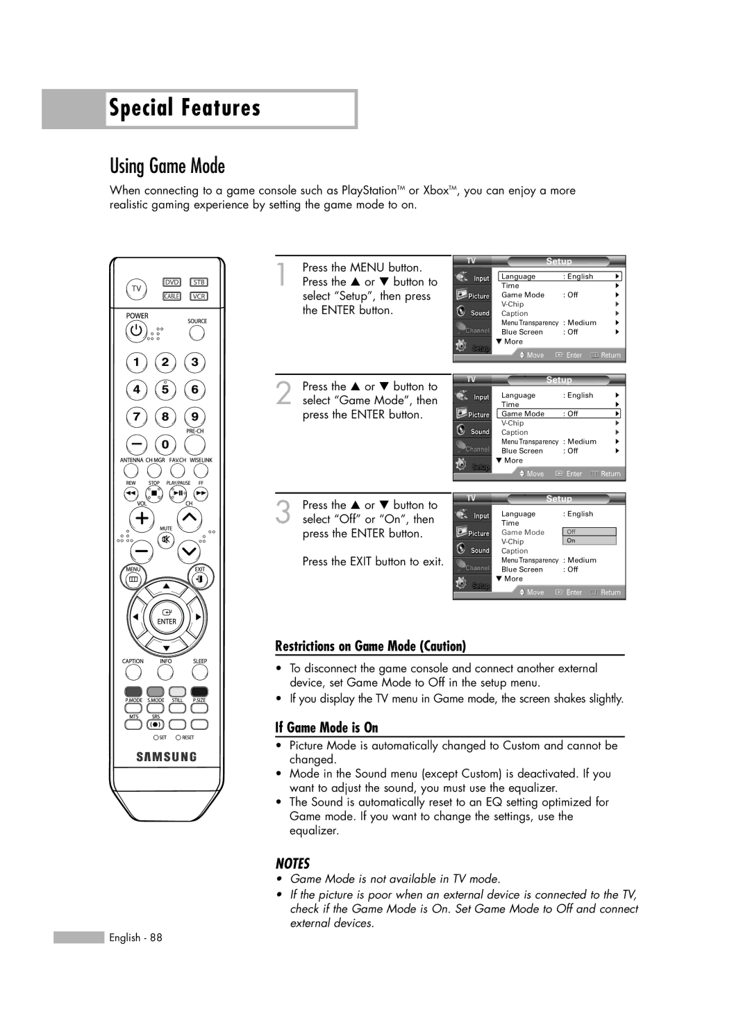 Samsung HL-54676S manual Using Game Mode, Restrictions on Game Mode Caution, If Game Mode is On 