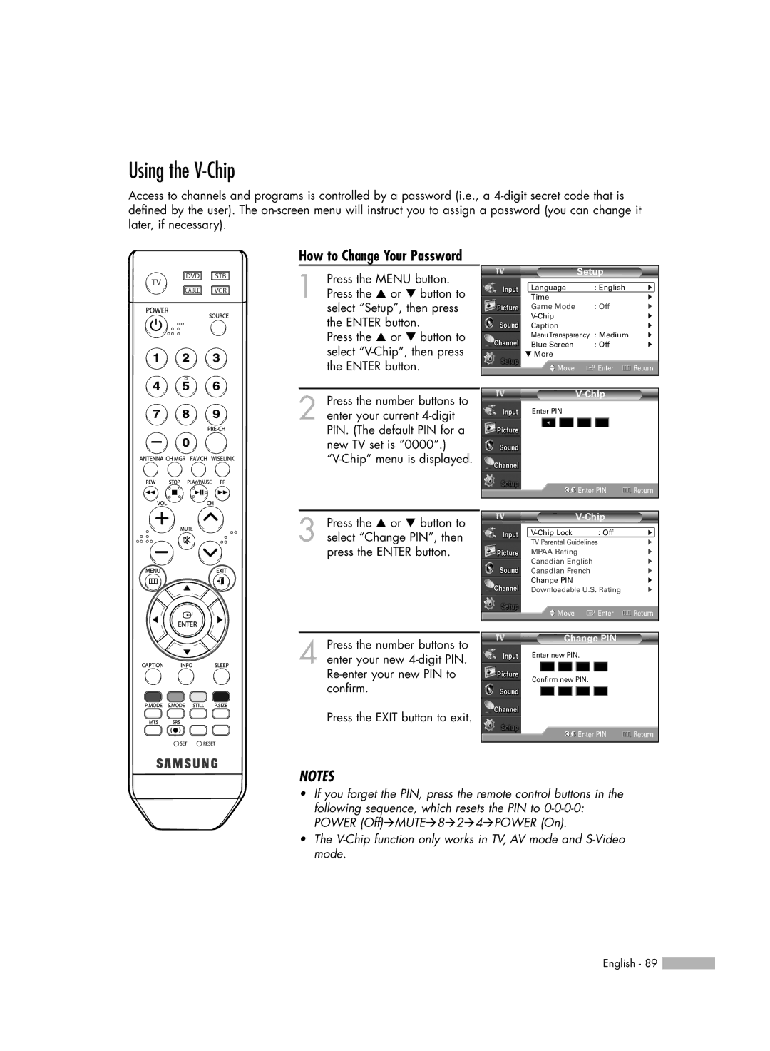 Samsung HL-54676S manual Using the V-Chip, How to Change Your Password 