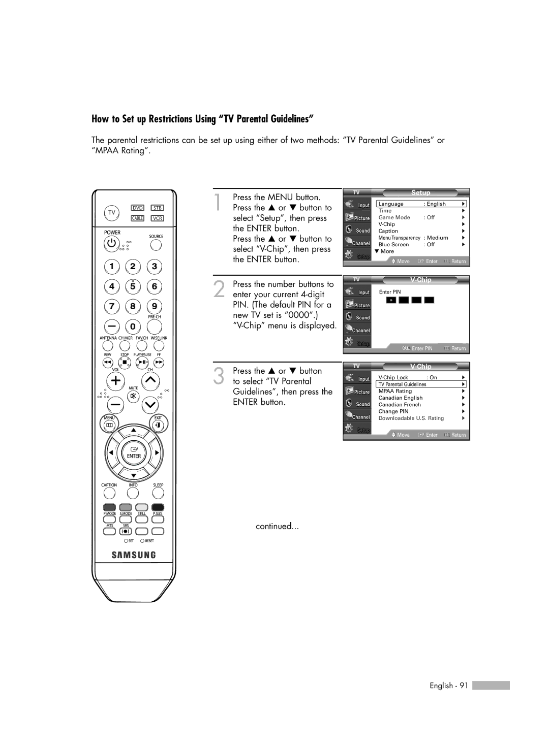 Samsung HL-54676S manual How to Set up Restrictions Using TV Parental Guidelines 