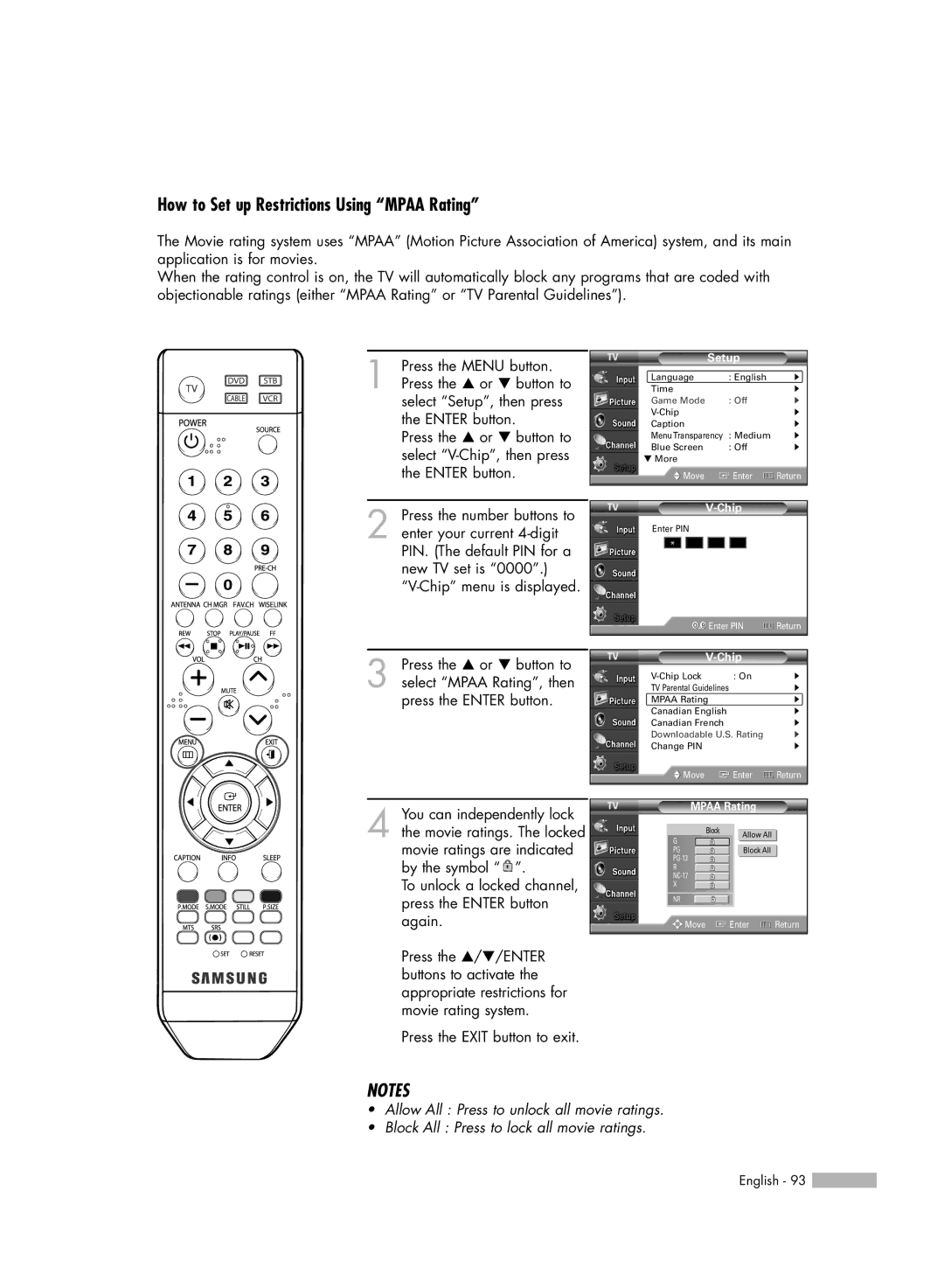 Samsung HL-54676S manual How to Set up Restrictions Using Mpaa Rating 