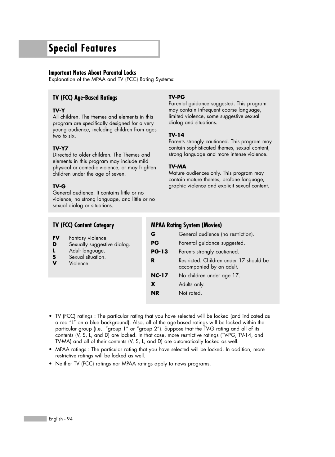 Samsung HL-54676S manual Important Notes About Parental Locks, TV FCC Age-Based Ratings, TV FCC Content Category 