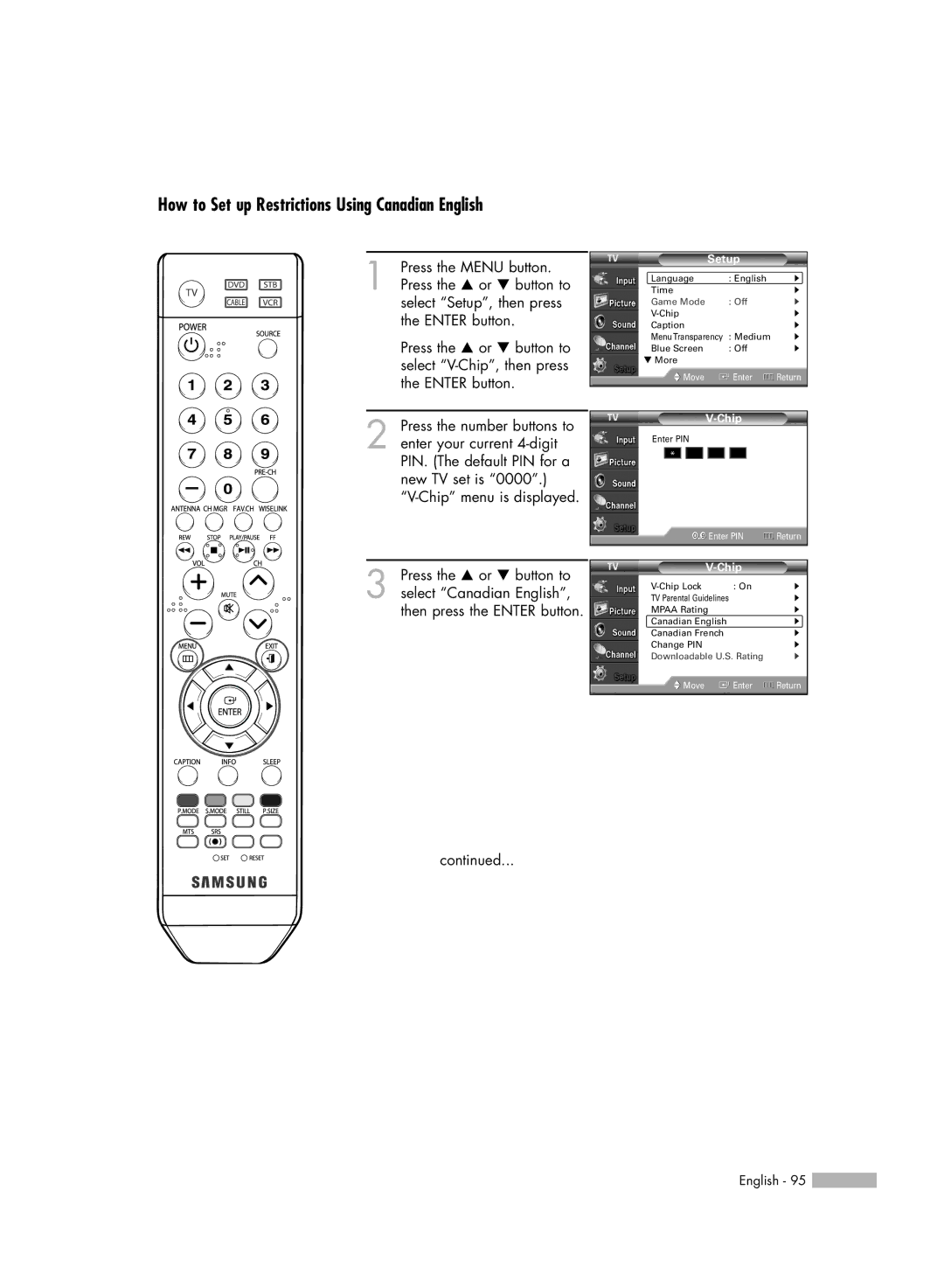 Samsung HL-54676S manual How to Set up Restrictions Using Canadian English 