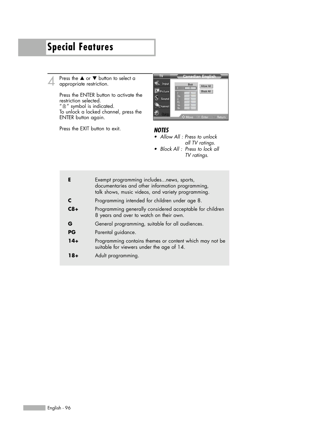 Samsung HL-54676S manual Press the … or † button to select a appropriate restriction 