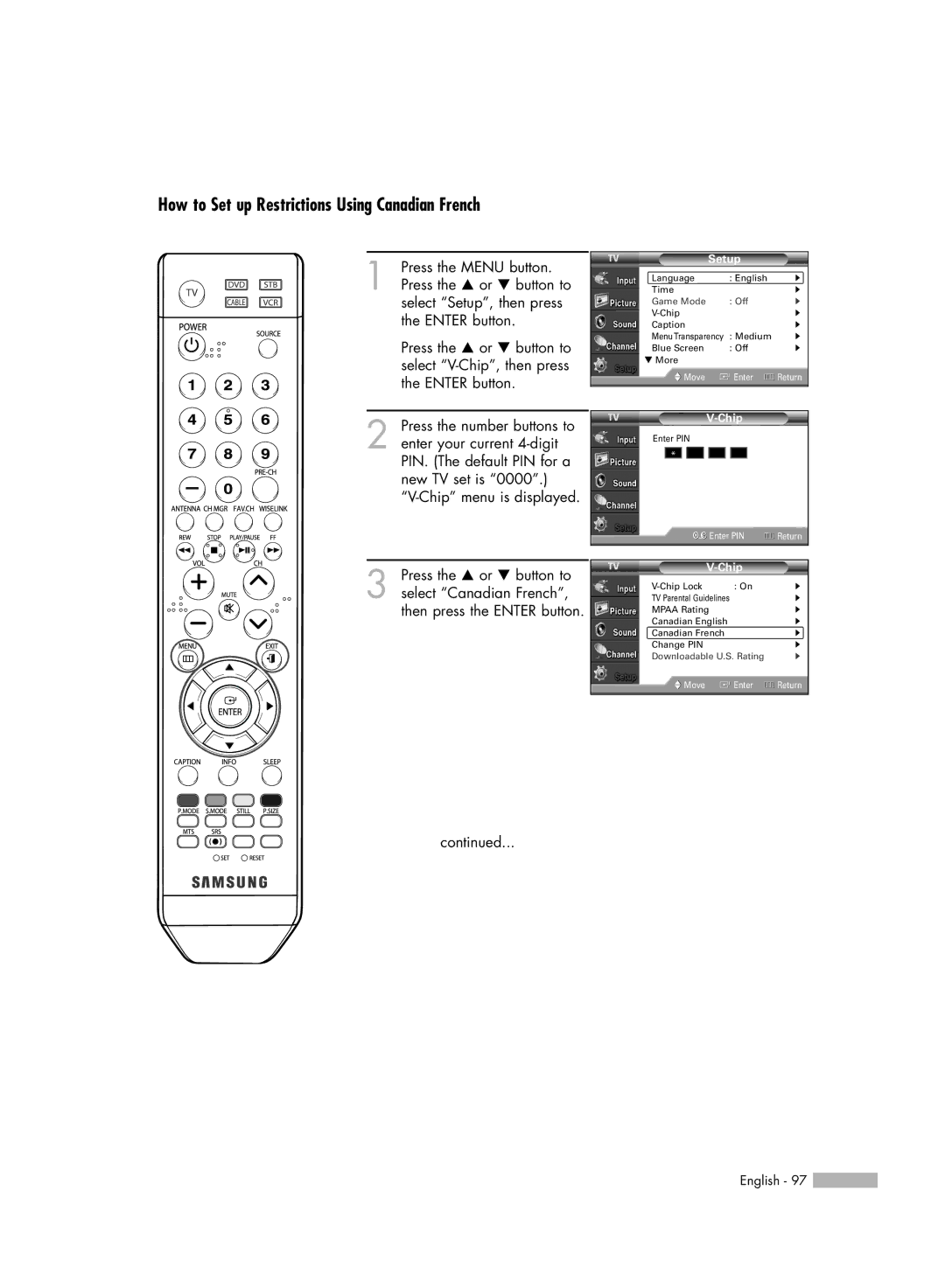 Samsung HL-54676S manual How to Set up Restrictions Using Canadian French 