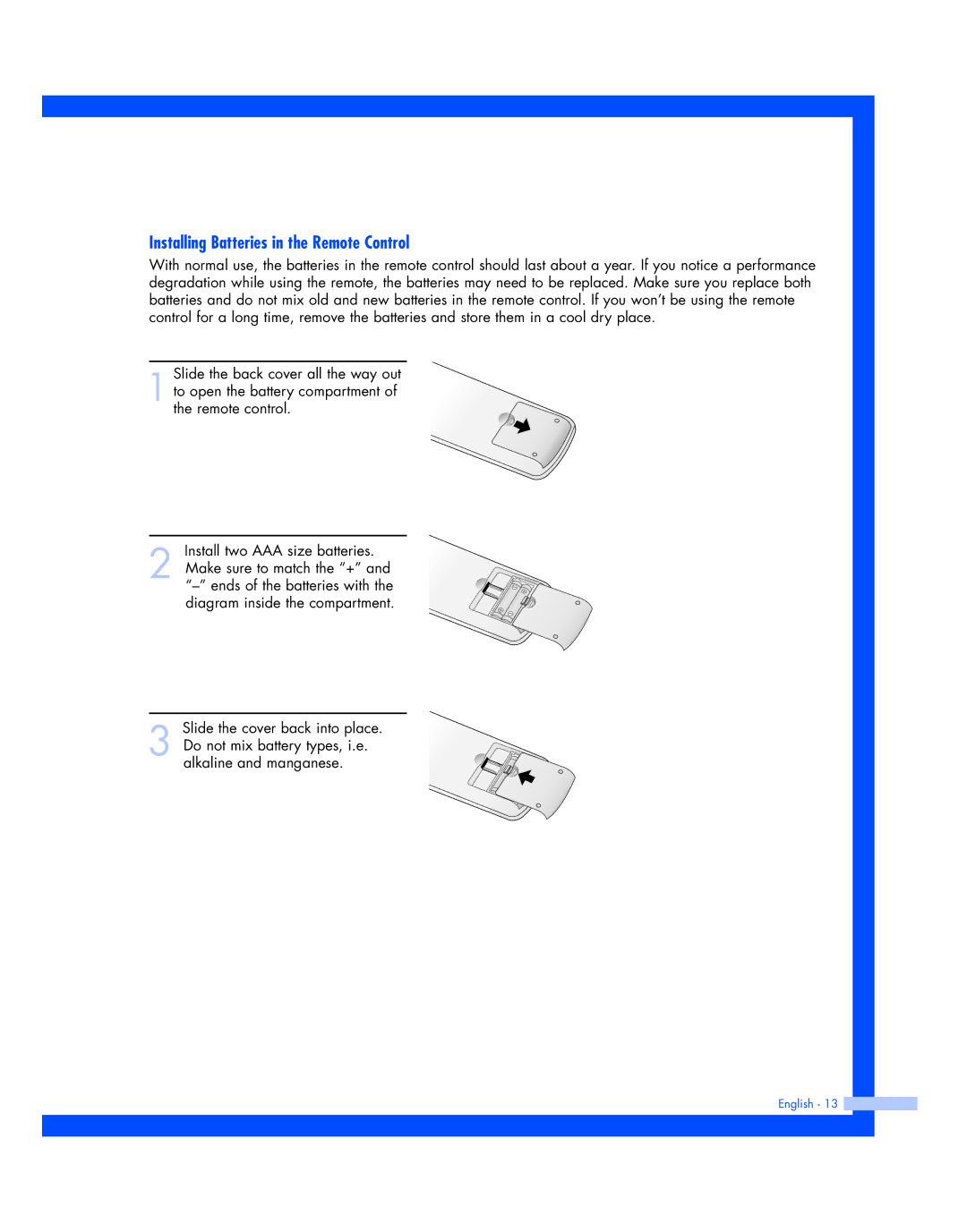 Samsung HL-P4674W instruction manual Installing Batteries in the Remote Control 