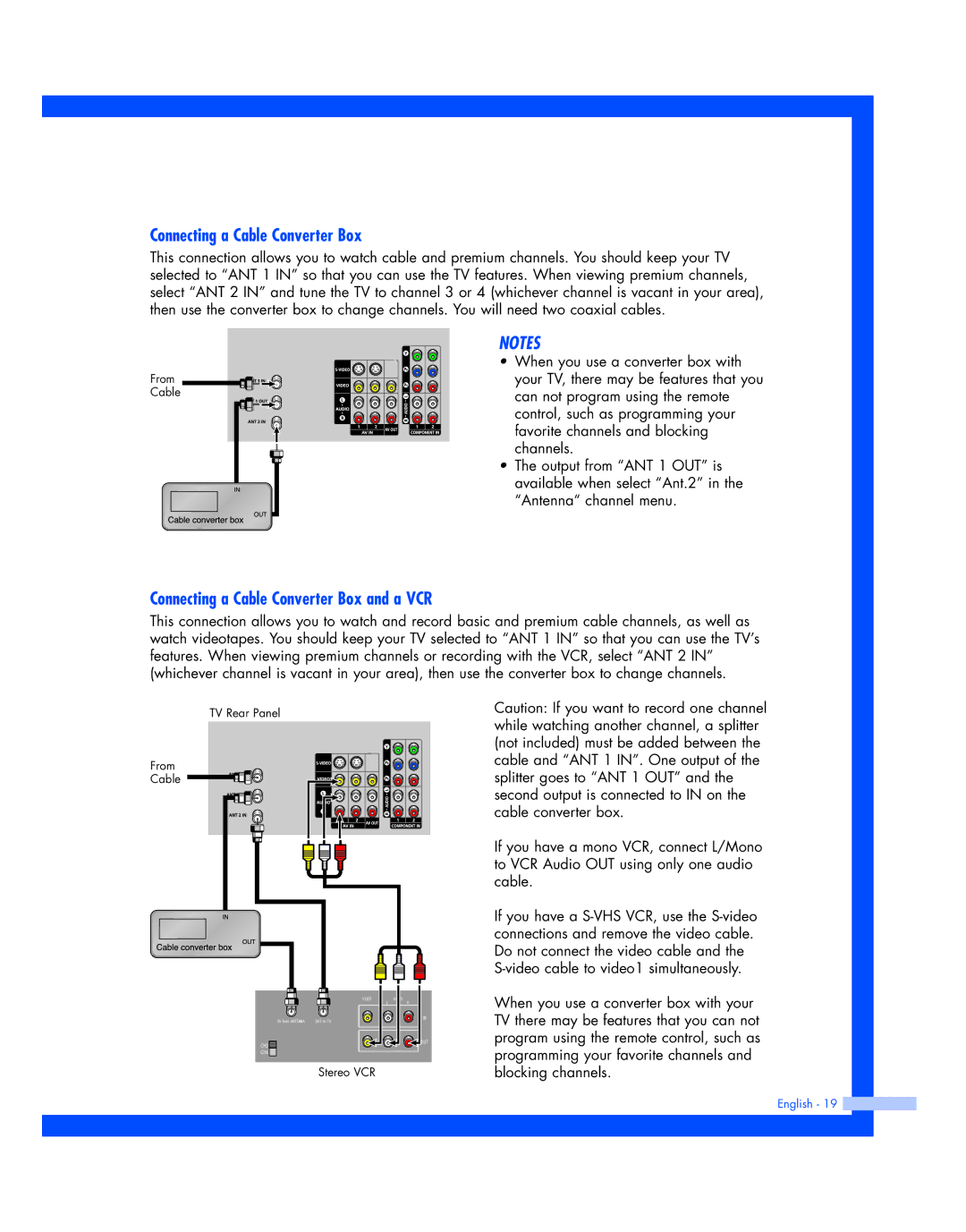 Samsung HL-P4674W instruction manual Connecting a Cable Converter Box and a VCR 