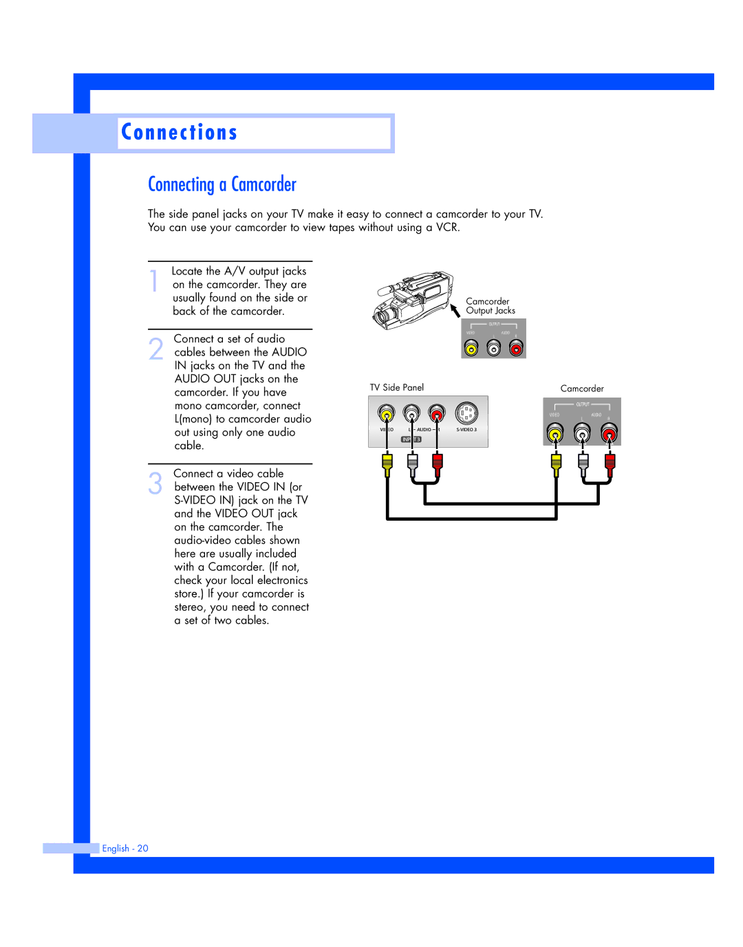 Samsung HL-P4674W instruction manual Connecting a Camcorder 