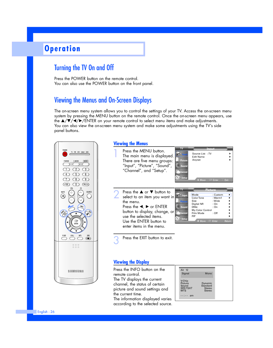 Samsung HL-P4674W Turning the TV On and Off, Viewing the Menus and On-Screen Displays, Viewing the Display 