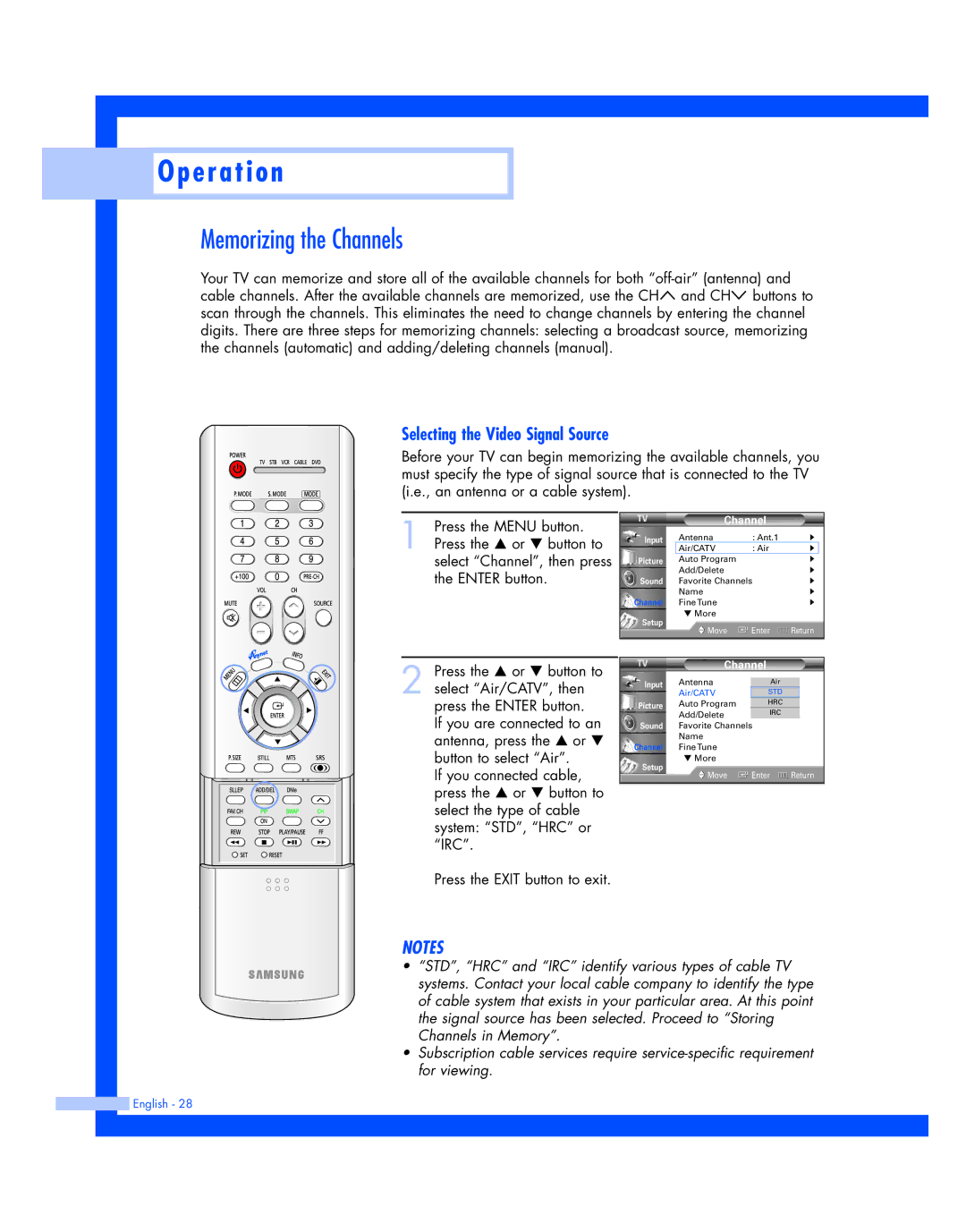 Samsung HL-P4674W instruction manual Memorizing the Channels, Selecting the Video Signal Source 