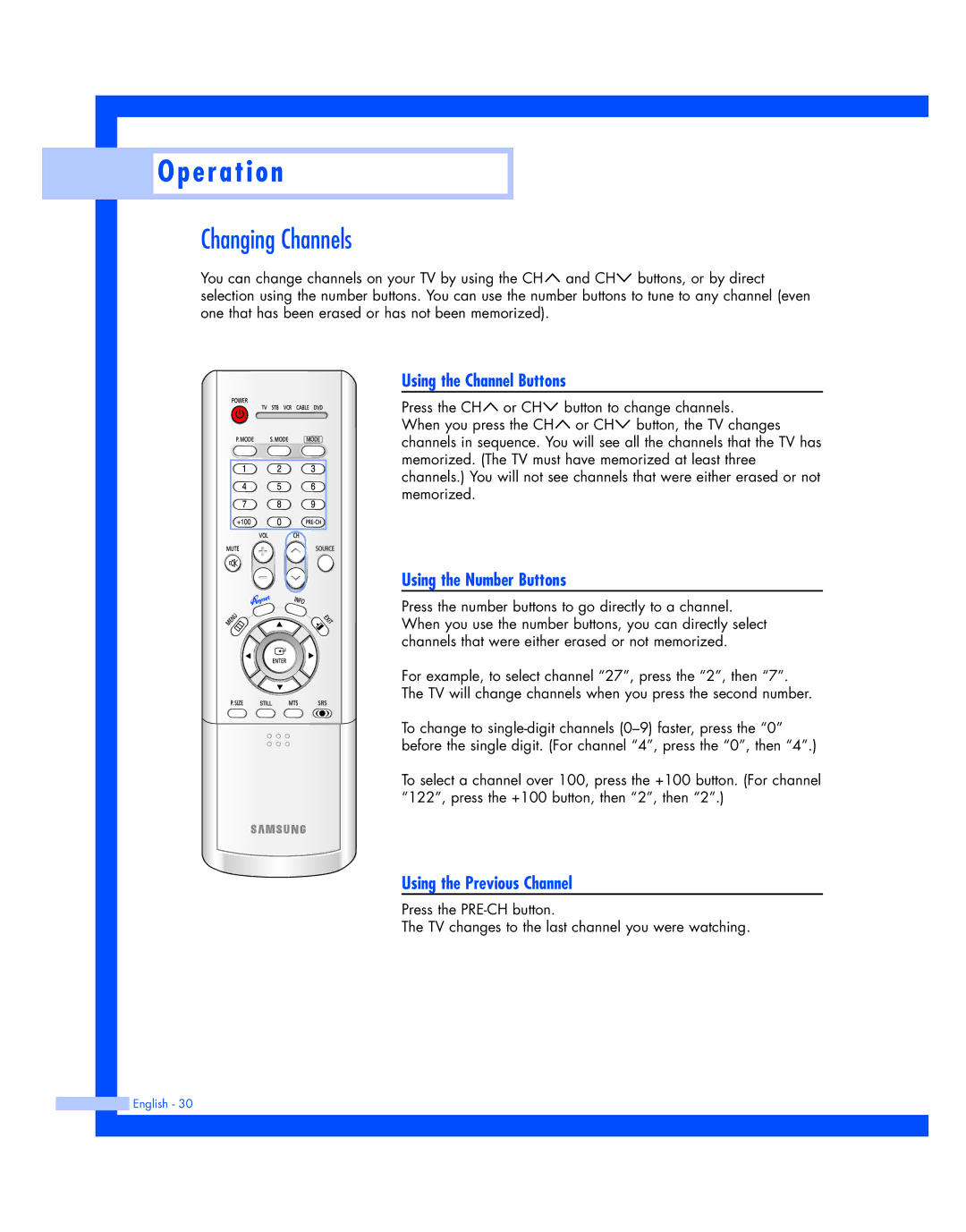 Samsung HL-P4674W Changing Channels, Using the Channel Buttons, Using the Number Buttons, Using the Previous Channel 