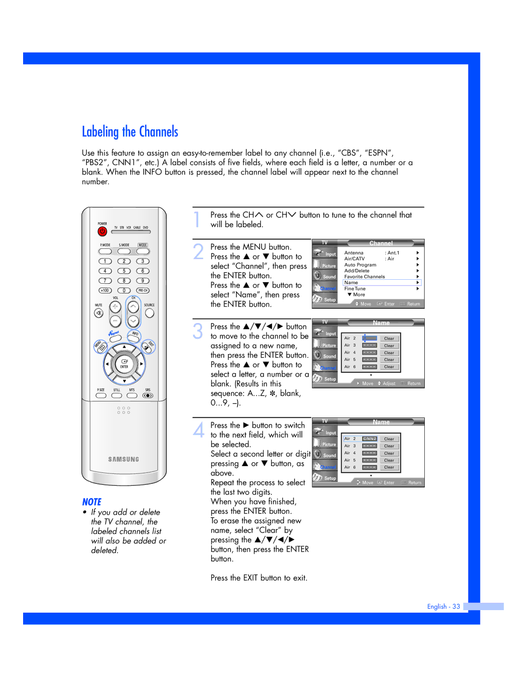 Samsung HL-P4674W instruction manual Labeling the Channels 