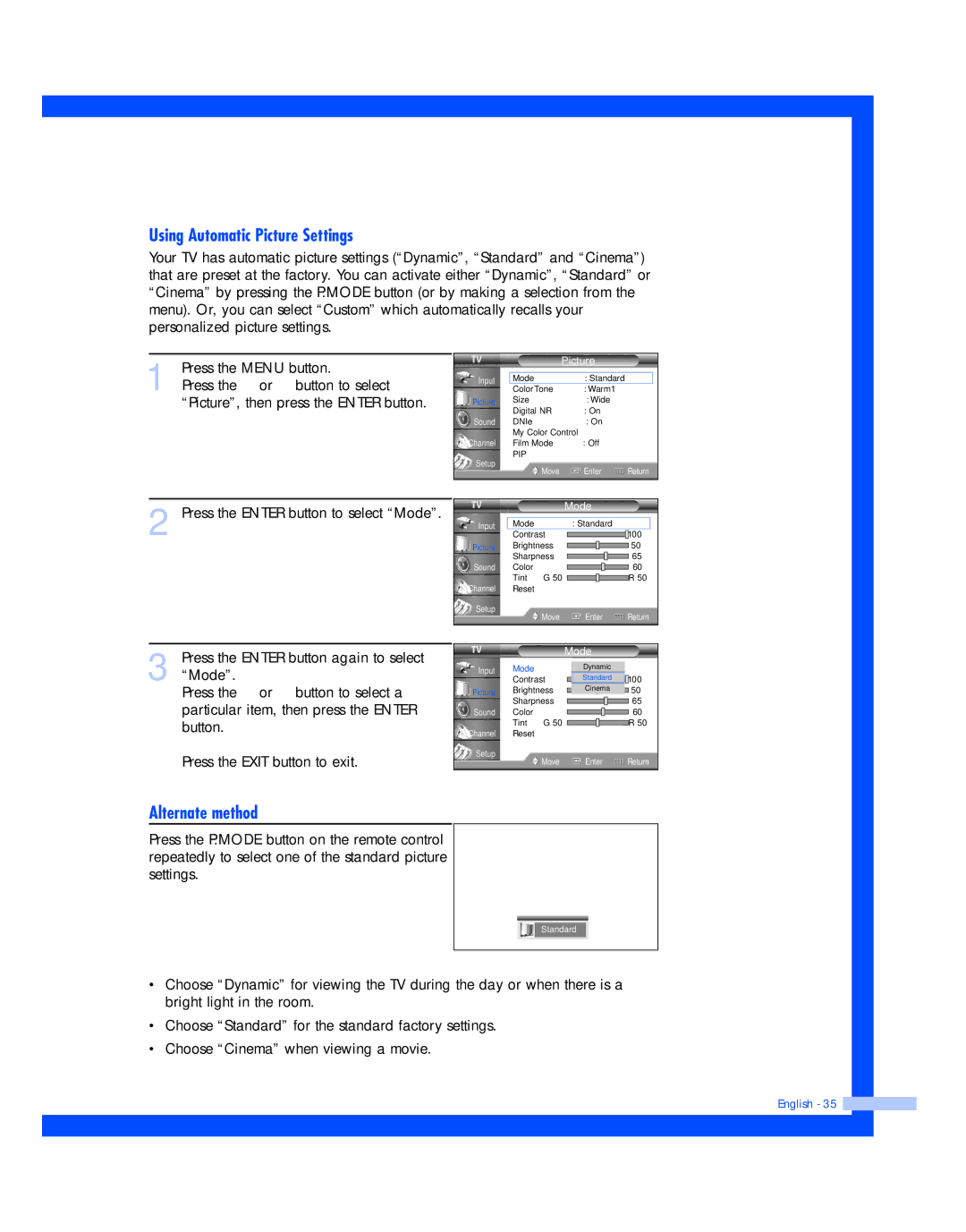 Samsung HL-P4674W instruction manual Using Automatic Picture Settings, Alternate method 