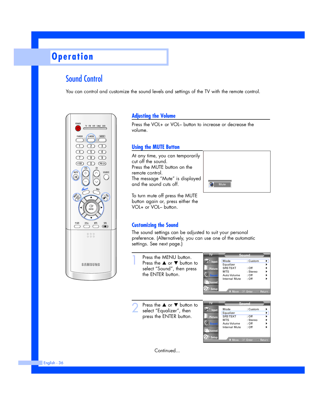 Samsung HL-P4674W instruction manual Sound Control, Adjusting the Volume, Using the Mute Button, Customizing the Sound 