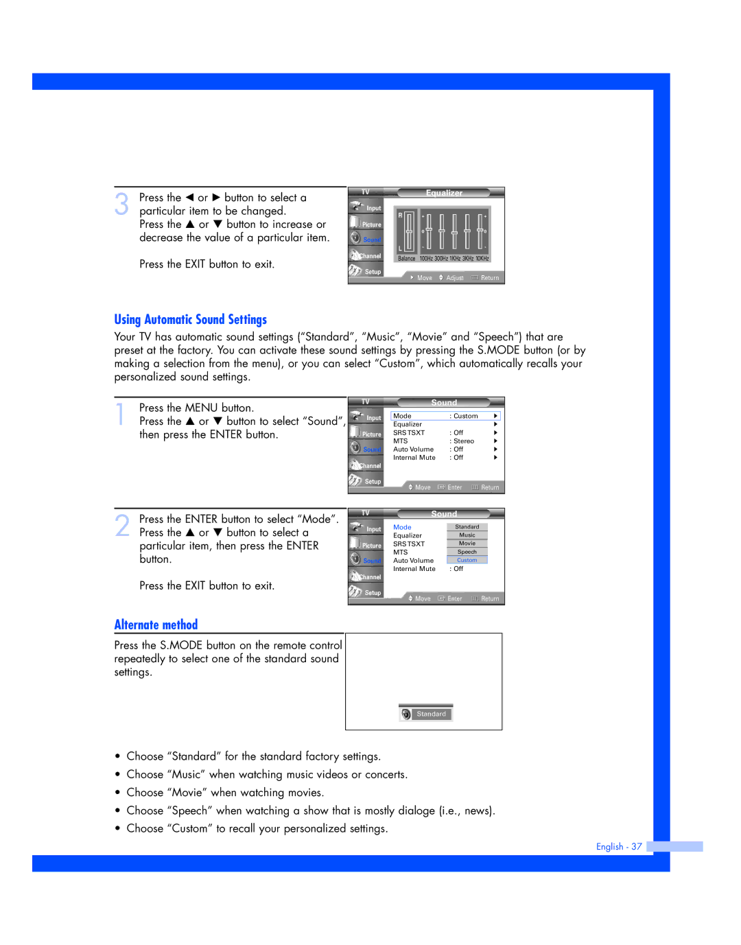 Samsung HL-P4674W instruction manual Using Automatic Sound Settings 