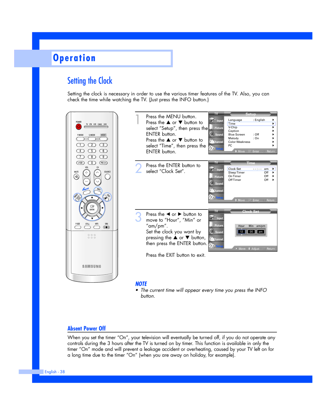 Samsung HL-P4674W instruction manual Setting the Clock, Absent Power Off 