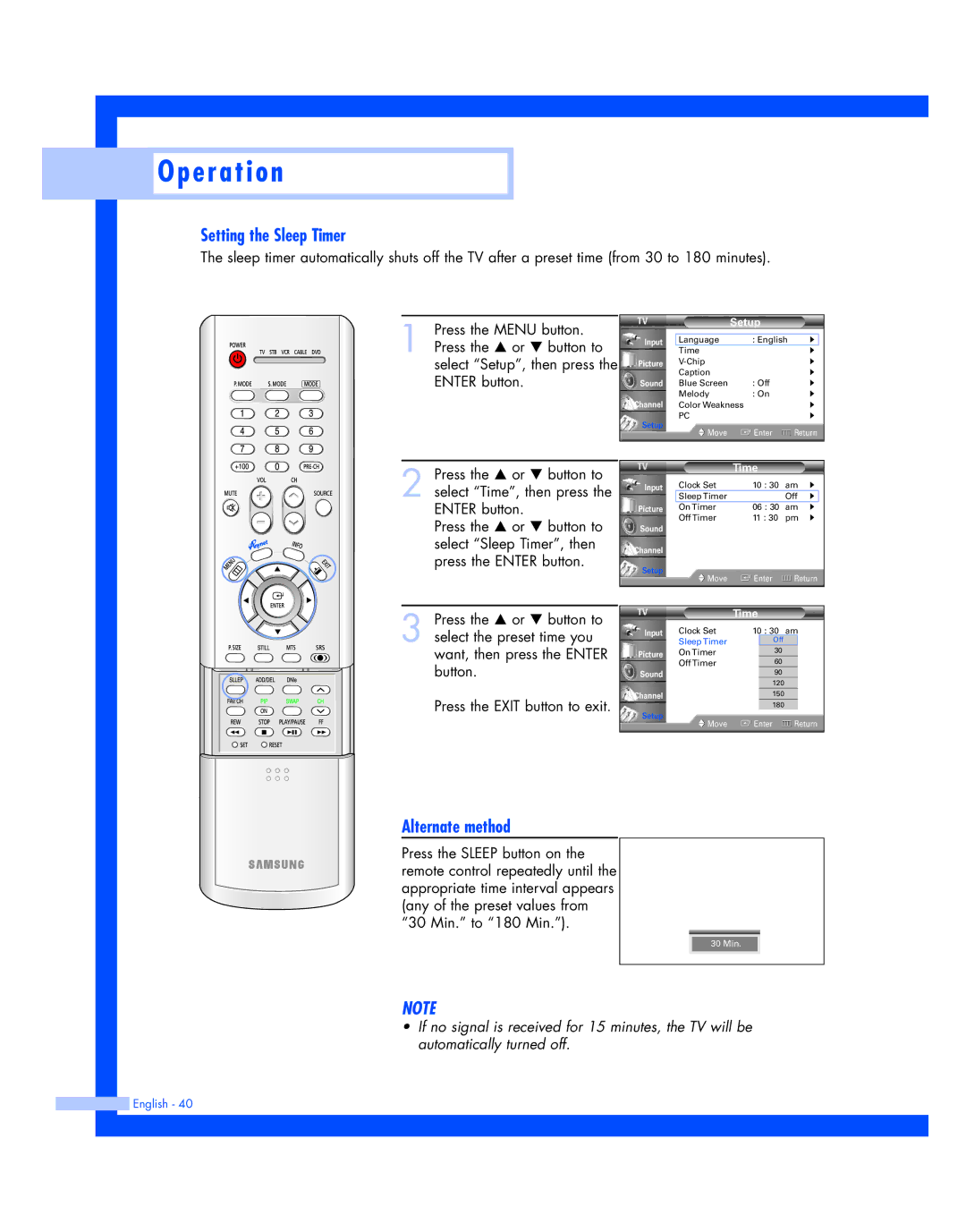 Samsung HL-P4674W instruction manual Setting the Sleep Timer, Alternate method 