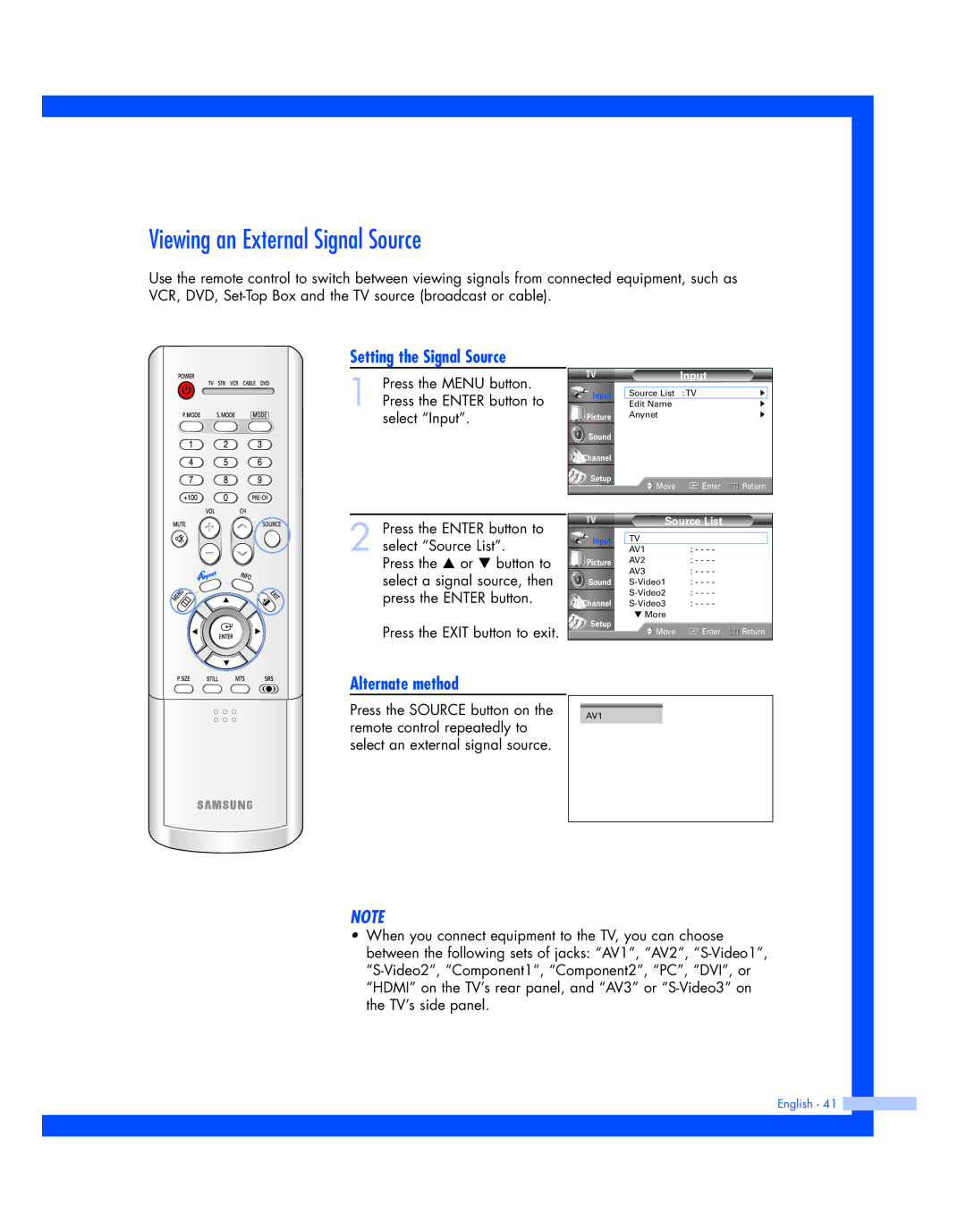 Samsung HL-P4674W instruction manual Viewing an External Signal Source, Setting the Signal Source 