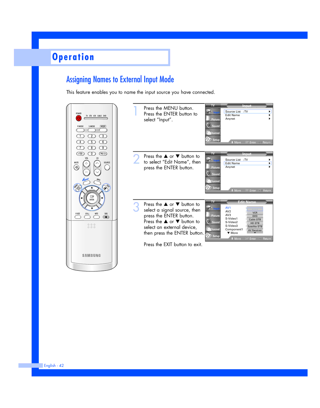 Samsung HL-P4674W instruction manual Assigning Names to External Input Mode, Edit Name 