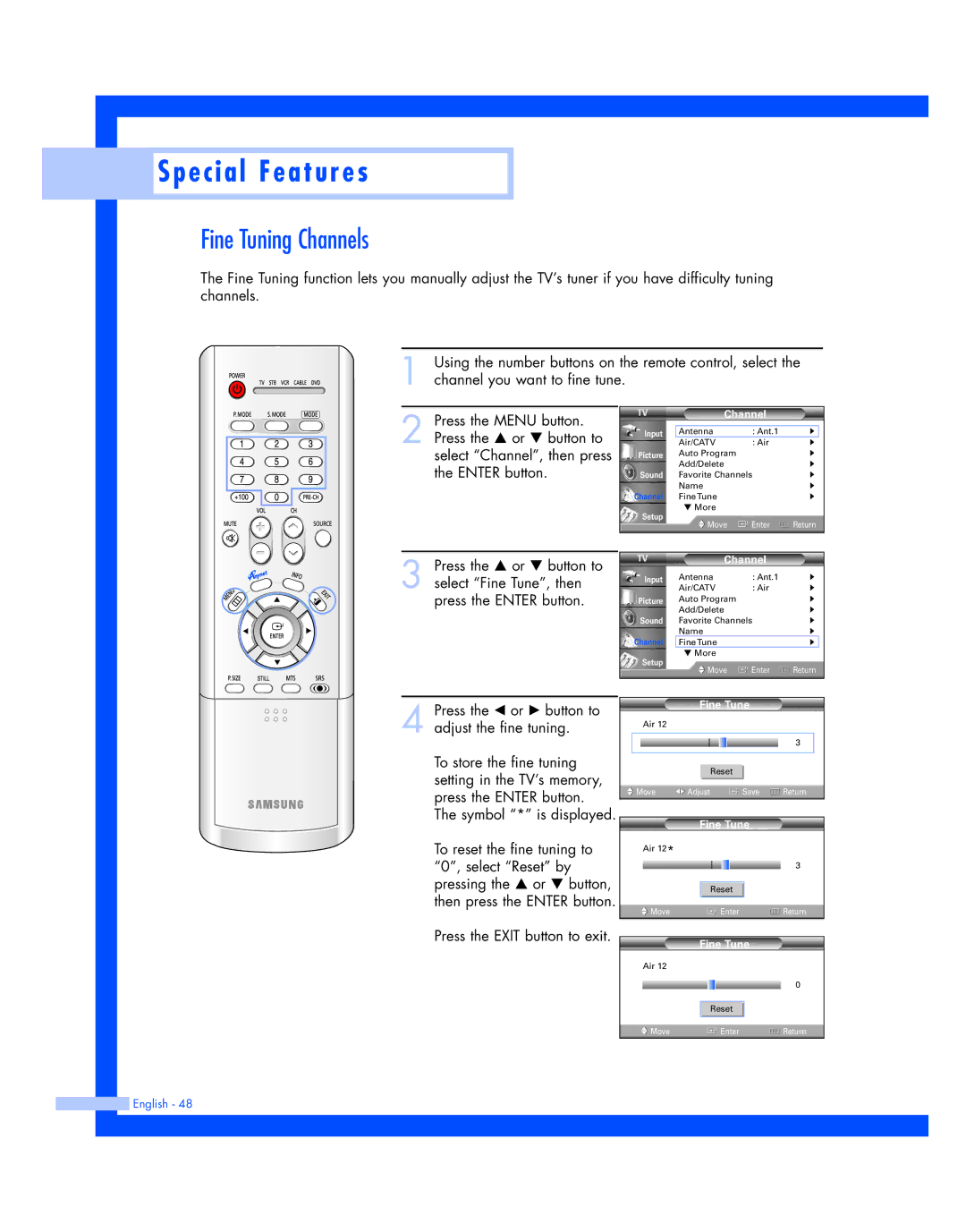 Samsung HL-P4674W instruction manual Fine Tuning Channels, Symbol * is displayed 