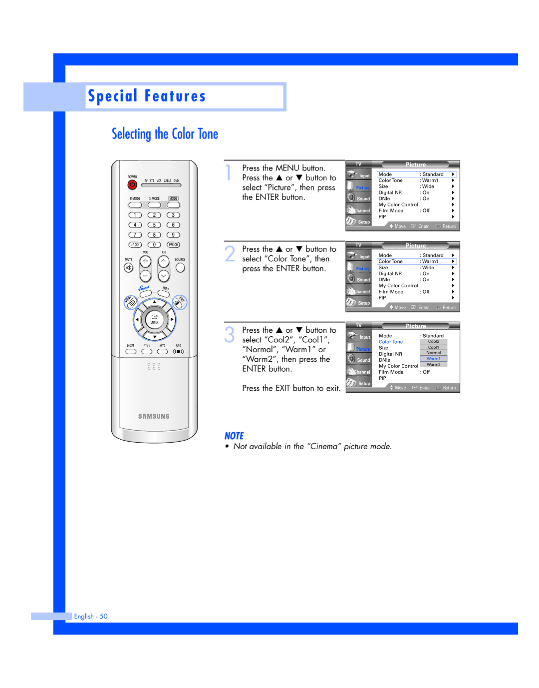 Samsung HL-P4674W instruction manual Selecting the Color Tone 